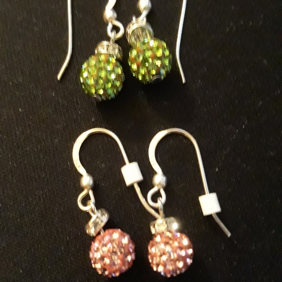 925 Sterling Silver and Crystal Earrings..1 inch..Pink/Green - Picture 2 of 10